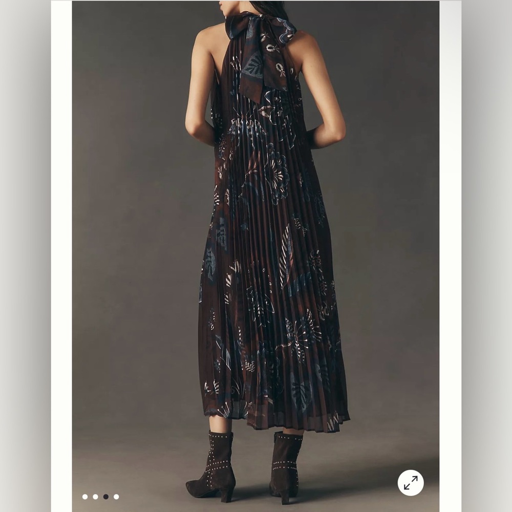 Anthropologie x Farm Rio Pleated Halter Dress Size Large Brown Floral - Picture 2 of 2